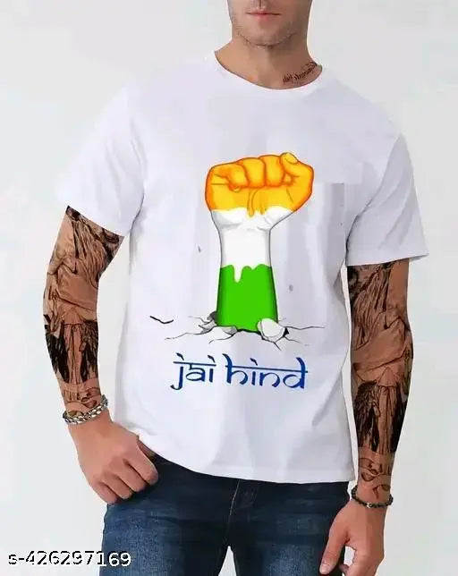 15 August printed round neck half-sleeve t-shirts, polycotton, Indian Independence Day theme