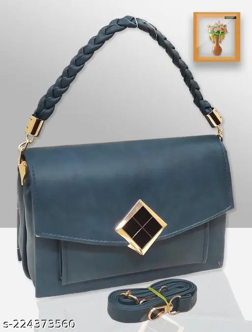 Magnifique blue PU sling bag, 3 compartments, free size (9in x 3in x 6in), versatile women's accessory from India