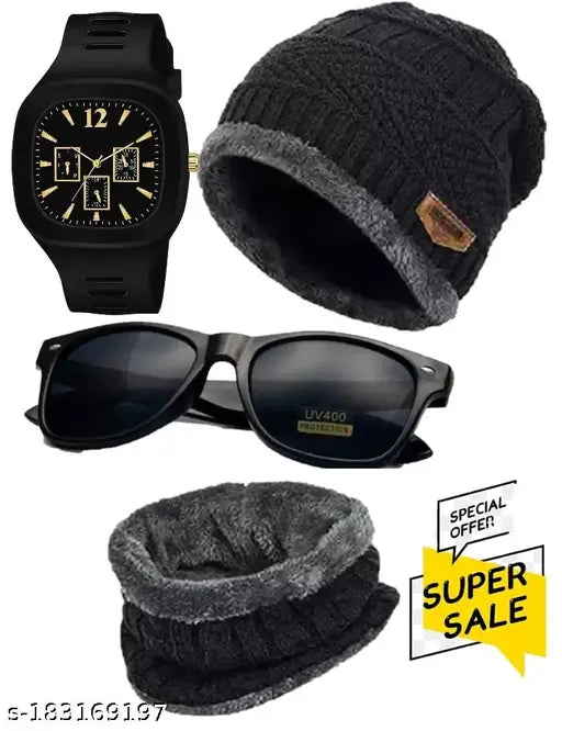 Striped wool beanie, scarf, and polarized sunglasses for winter - Indian handcrafted accessory set