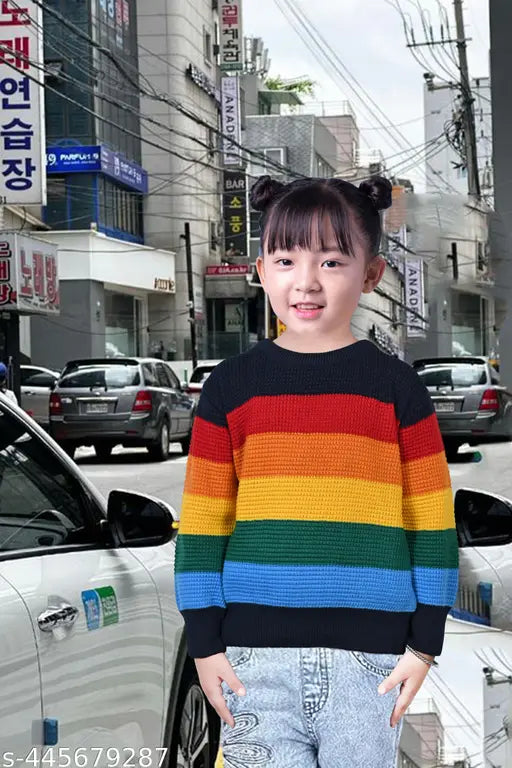 Striped wool blend kids sweater | Colorblocked premium quality casual sweater for girls (age 3-13) made in India