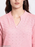 Winter woolen kurta set with embroidered palazzos for women, featuring V-neck and side pockets in soft acrylic wool. Machine or hand washable