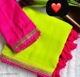 Trendy soft Georgette lace saree with Organza embroidery, low budget designer saree on display stand, India