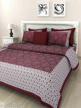 Cotton double bedsheet with 2 ethnic motif pillow covers, fine quality flat sheets for summer