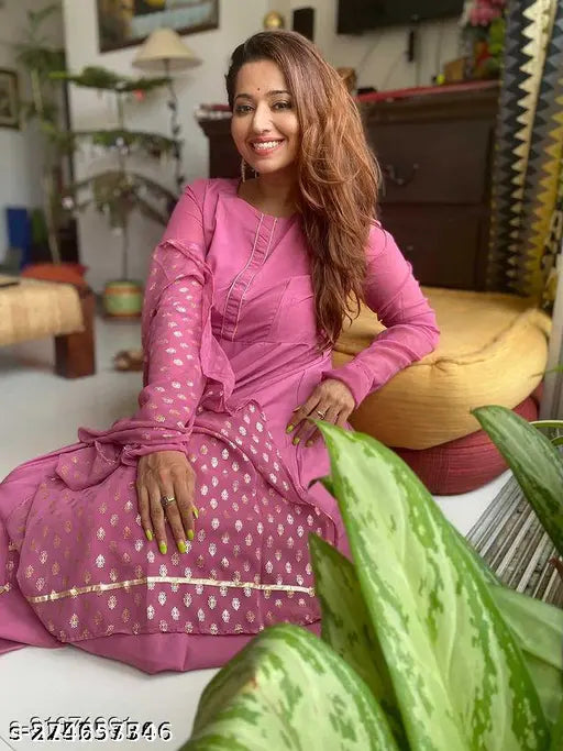 Pink French Rose Crepe Anarkali Kurti Set with Dupatta, Gotta Patti Style Design by Fab Galaxy on model