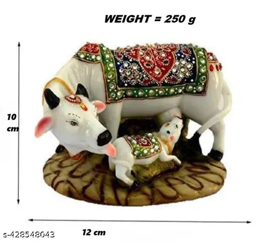 Shiny marble Kamdhenu cow and calf figurines, handcrafted with diamond work, home decor showpiece