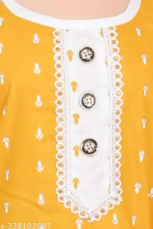 Yellow rayon kurta pant for girls, three-quarter sleeves, party festive style - Indian kids fashion
