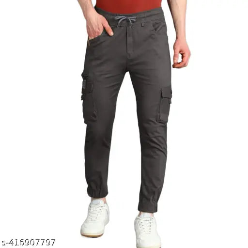 Stylish grey cotton net cargo jogger for men, size 28/30/32/34/36, on model