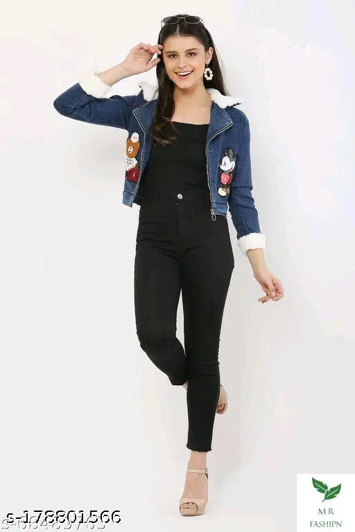 Denim printed net short-sleeve jacket, trendy stylish women's jacket, XL size from India