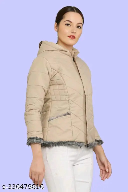 Nylon quilted bomber jacket with fur-lined hood, solid color for women's winterwear (India)