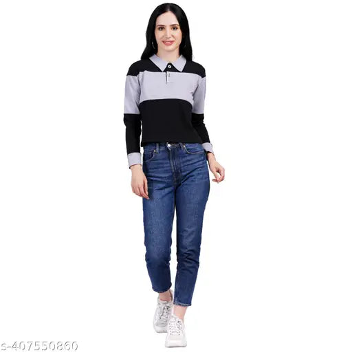 Cotton colorblocked full sleeve collared T-shirt for women's regular fit, suitable for casual and evening wear