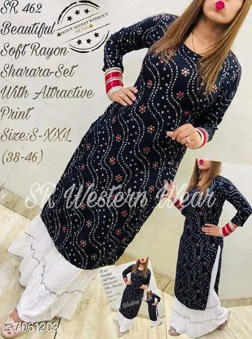 Women's Rayon Kurta with Sharara - Three-Quarter Sleeve, rayon fabric Indian ethnic wear on mannequin