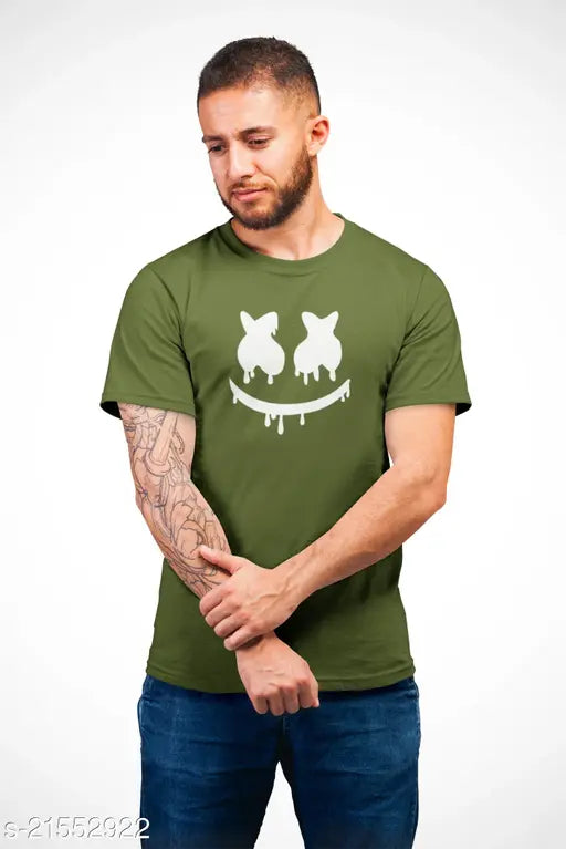 Olive green half-round neck cotton tee for men, printed pattern, short sleeves, size M (40in chest, 27in length)