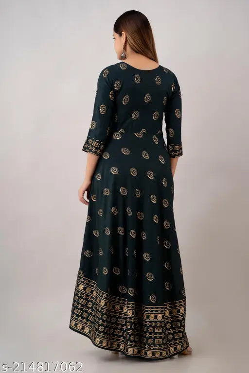 Dark green rayon Anarkali kurti with gold print, 3/4 sleeves, suitable for office or party wear