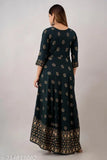 Dark green rayon Anarkali kurti with gold print, 3/4 sleeves, suitable for office or party wear