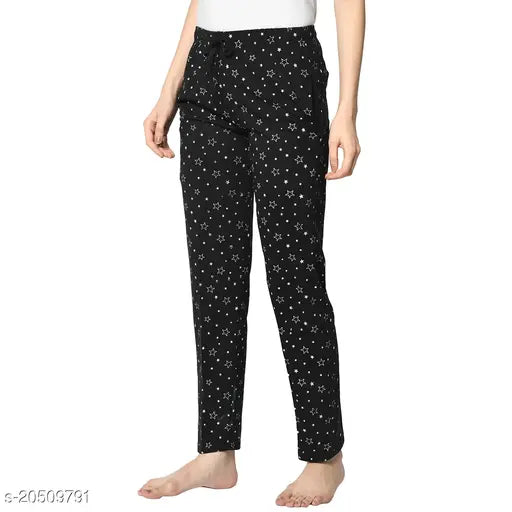 Women's printed straight-fit black cotton blend trousers, size 32 (waist 30in, length 38in), India origin