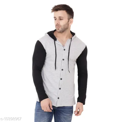 Multicolor cotton blend long sleeves hood t-shirt with self-design net pattern