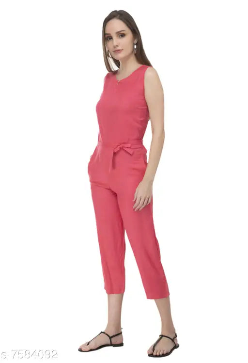 Stylish rayon jumpsuit for casual and partywear, sleeveless, solid pattern, size S (18in bust, 48in length, 20in waist)