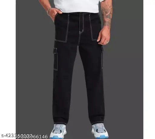 Stylish denim cargo jeans with 6 pockets for men and women, solid or abstract pattern, sizes 26-32, Indian origin