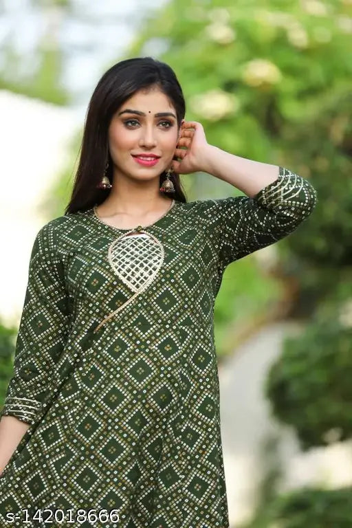 Green cotton slub AAYUMI Woman Anarkali Kurta, maxi dress with three-quarter sleeves and keyhole neck, flared hem