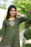 Green cotton slub AAYUMI Woman Anarkali Kurta, maxi dress with three-quarter sleeves and keyhole neck, flared hem