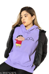 Lavender cotton Broke Memers Ooooo Shinchan printed hoodie for women, featuring unique anime character design