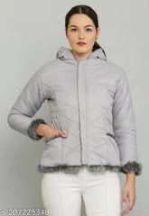 Silver PU quilted fur jacket by M A FASHION, solid pattern with long sleeves