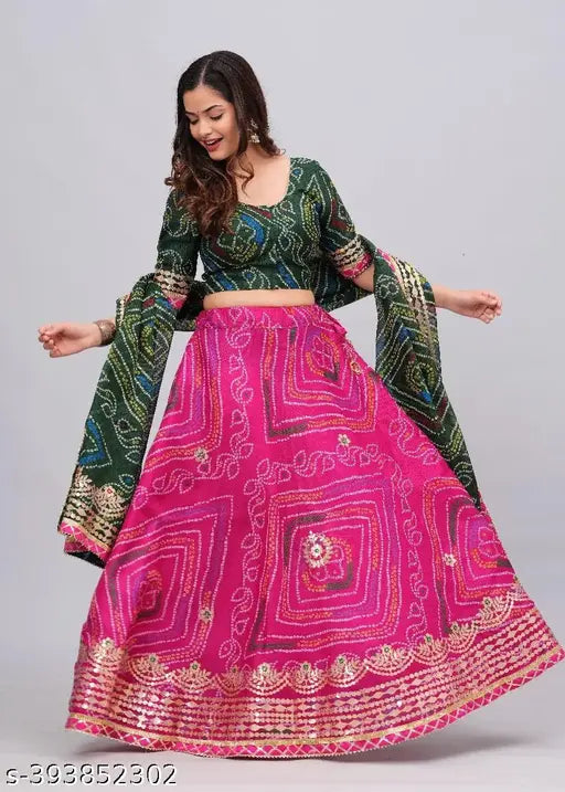 Unstitched Kota Doria lehenga with heavy Aari work & jute cotton dupatta, Indian Bandhani print on display