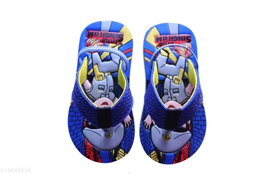 Blue canvas boys flip flops with EVA sole, slip-on design, printed net detail, perfect for toddlers' playtime