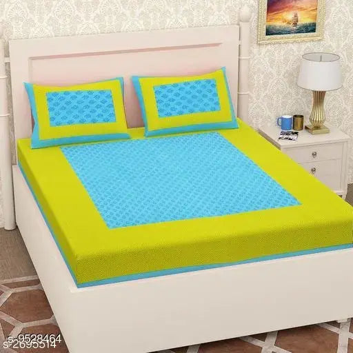 Adorable green cotton double bedsheet, 144 thread count, 2 pillow covers. Indian-made bed linen design