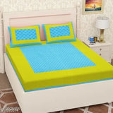 Adorable green cotton double bedsheet, 144 thread count, 2 pillow covers. Indian-made bed linen design