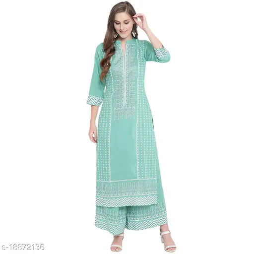 Olive green white block print kurta with palazzo, rayon fabric for women's fashion, printed net pattern on display