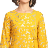 Yellow poly crepe A-line kurti with three-quarter sleeves, printed pattern on India-origin fashion apparel for women