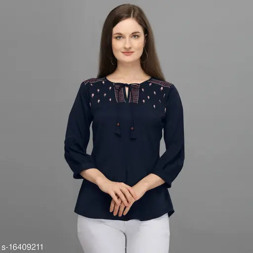 Navy Blue Embroidered Western Top, polyester, three-quarter sleeves, embroidered pattern. Women's fashion top on mannequin