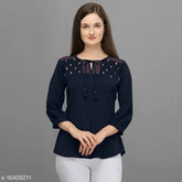 Navy Blue Embroidered Western Top, polyester, three-quarter sleeves, embroidered pattern. Women's fashion top on mannequin