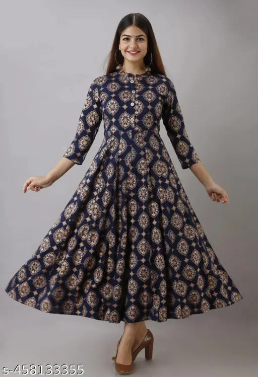 Rayon 4kaam kurti, printed combo with three-quarter sleeves. High-quality cotton fabric for women's skater dress