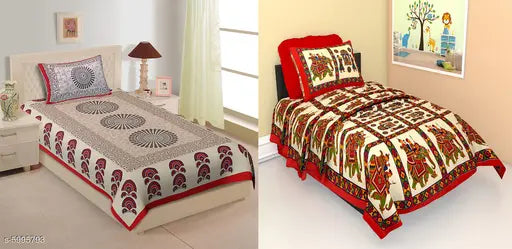 Pure cotton single bedsheet, 120 thread count, 85x59 size with 2 pillow covers, made in India