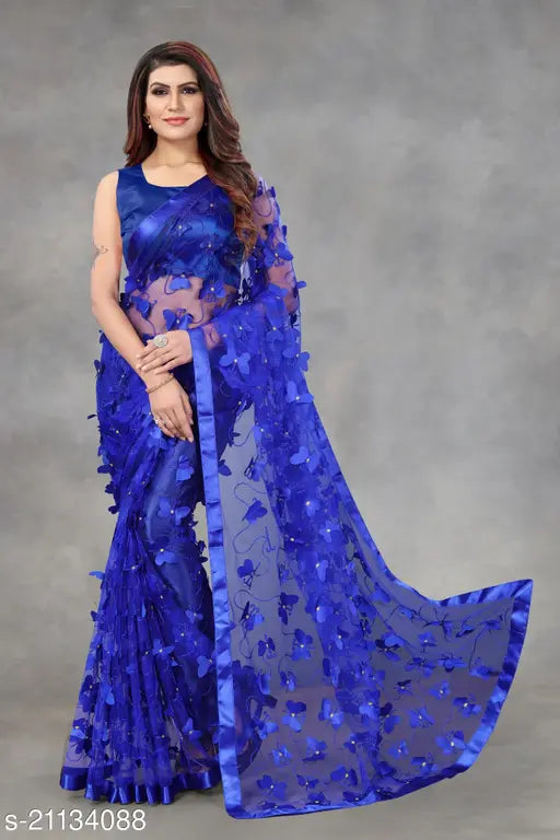 Titli Saree Royal net saree with separate blouse piece, applique pattern in free size (Indian traditional wear)