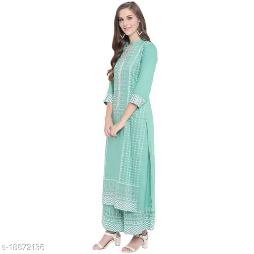 Olive green & white block print rayon kurta with palazzo, printed net style on model