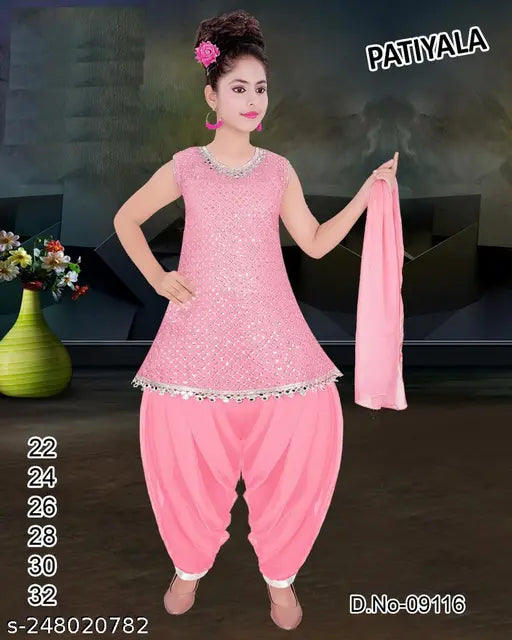 Pink embroidered silk blend kurta, patiala salwar suit and dupatta for kids partywear - RK Collection