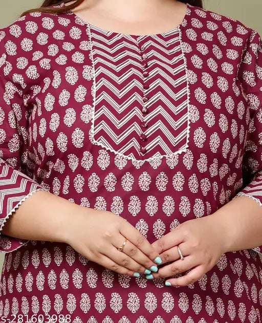 Maroon floral print pure cotton straight kurta for women, three-quarter sleeves, India-made