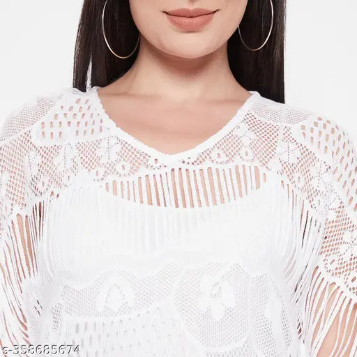 White cotton lace kaftan top by Ruhaan, three-quarter sleeves, printed pattern, size S (bust 36in, length 37in), India origin