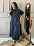 Black cotton women's kurta set with palazzos, solid net pattern, short sleeves. Single size: S-XXL, made in India
