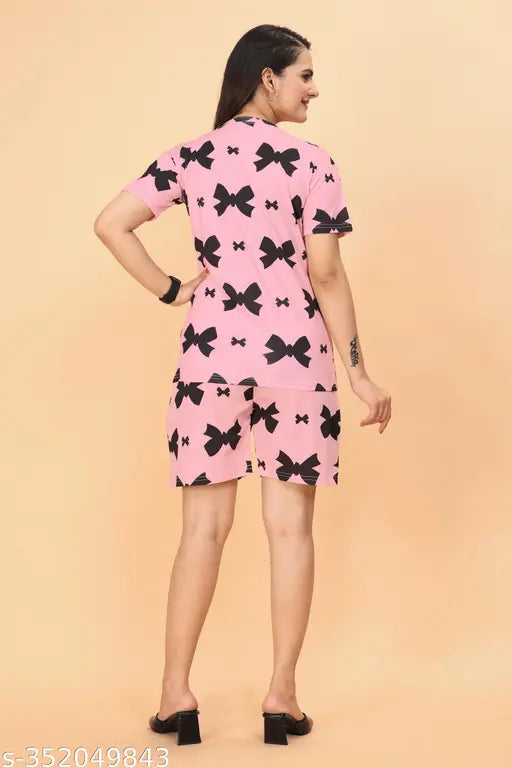 Women's printed polycotton shorts & top night suit set in premium quality, short-sleeved pyjama ensemble with intricate pattern
