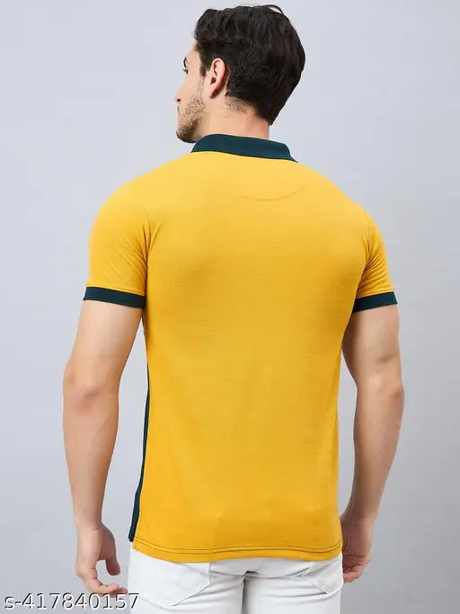 Cotton blend colorblock half sleeves polo neck t-shirt for men, printed net pattern on classic denim-inspired design