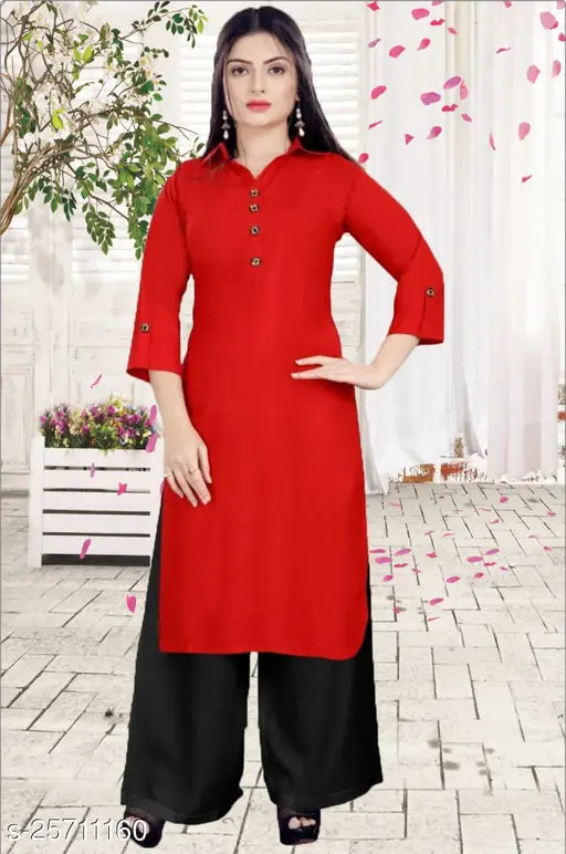 Red rayon petite women's kurta set with palazzos, solid color, three-quarter sleeves. M: 38in bust size, ready to ship. Indian designer fashion