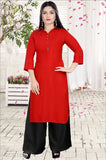 Red rayon petite women's kurta set with palazzos, solid color, three-quarter sleeves. M: 38in bust size, ready to ship. Indian designer fashion