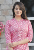 Rayon A-line printed long kurti with palazzo, pink and white ensemble - Indian women's fashion in relaxed fit with elastic waist