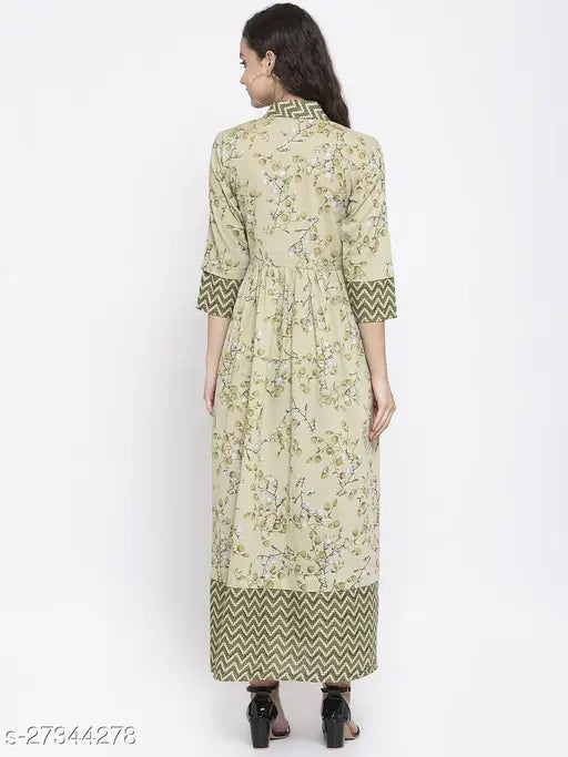 Pista Green Floral Print A-Line Kurta, Indibelle Cotton, Long Sleeves, Ankle Length, India