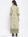 Pista Green Floral Print A-Line Kurta, Indibelle Cotton, Long Sleeves, Ankle Length, India