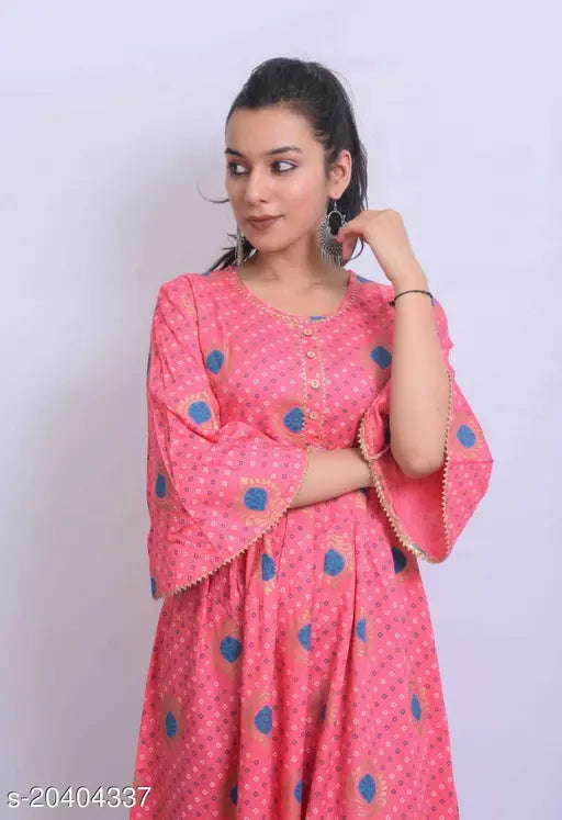 Rayon multi-color gown for women and girls, three-quarter sleeves, printed pattern on a vibrant backdrop, fashionable apparel for kids and adults, India origin